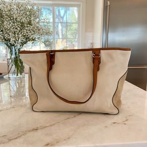 Lauren Ralph Lauren tote, beige canvas & taupe colored suede ends. GUC